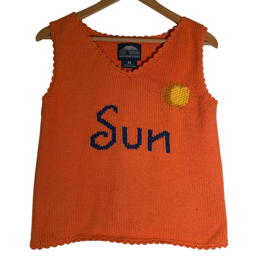 Vintage Rey Wear 90's Women's‎ Hand Knitted Sun Sweater Vest Orange Medium